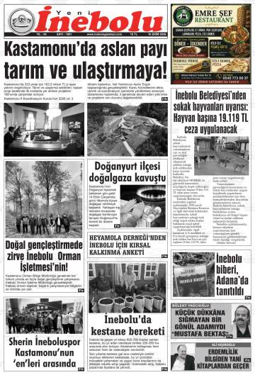 Yeni İnebolu gazetesi ilk sayfası