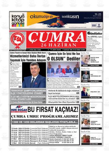 Çumra 26 Haziran gazetesi ilk sayfası