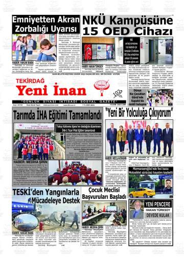 Tekirdağ Yeni İnan gazetesi ilk sayfası