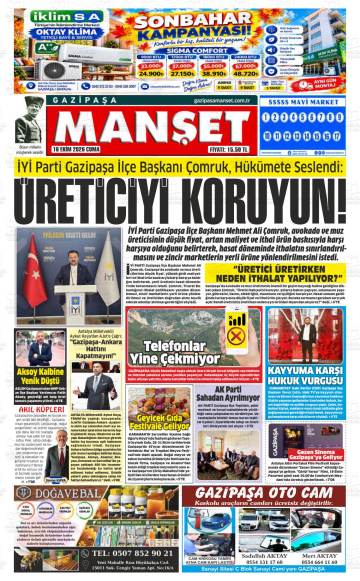 Gazipaşa Manşet gazetesi ilk sayfası