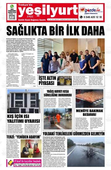 Trakya'da Yeşilyurt gazetesi ilk sayfası