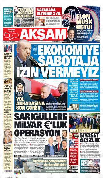 Akşam gazetesi ilk sayfası