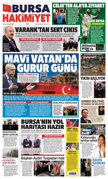 Bursa Hakimiyet gazetesi ilk sayfası