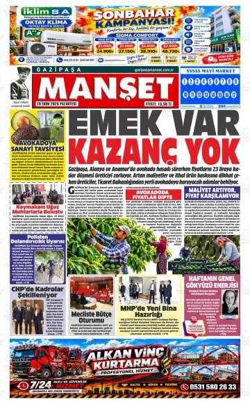 Gazipaşa Manşet gazetesi ilk sayfası