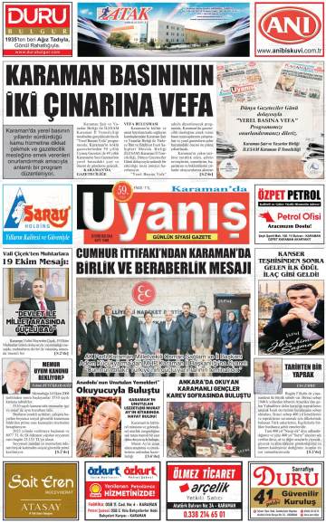 Karamanda Uyanış gazetesi ilk sayfası