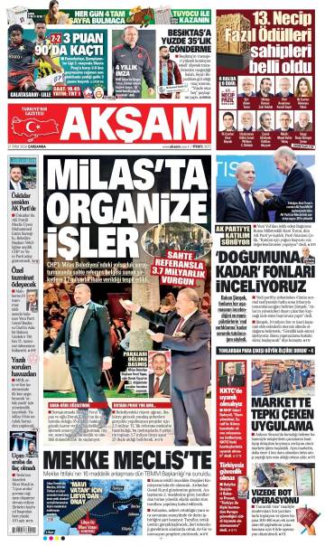 Akşam gazetesi ilk sayfası