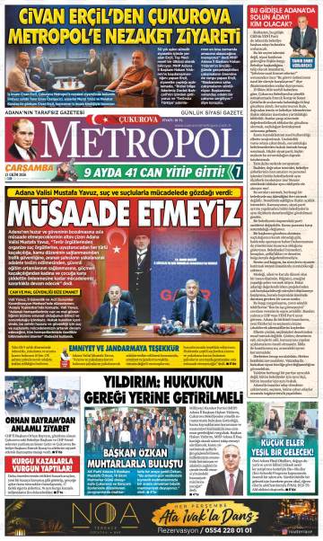 Çukurova Metropol gazetesi ilk sayfası