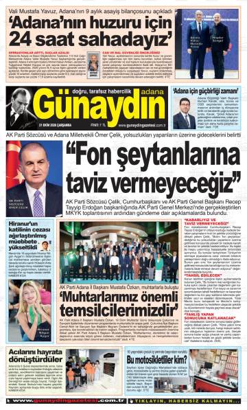 Günaydın Adana gazetesi ilk sayfası