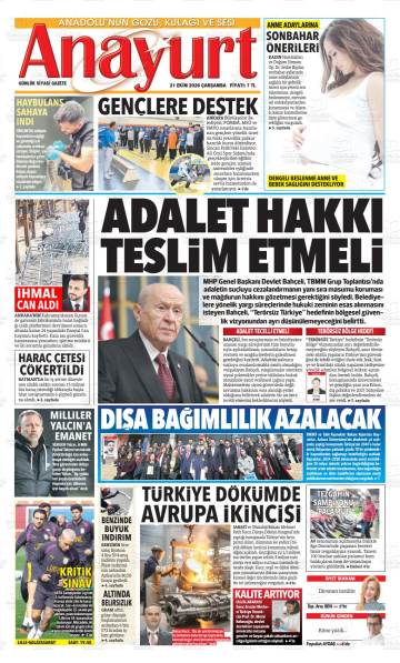 Anayurt gazetesi ilk sayfası
