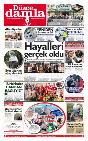 Düzce Damla gazetesi ilk sayfası