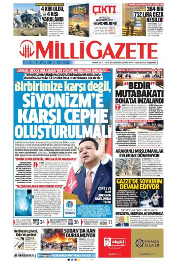 Milli Gazete gazetesi ilk sayfası