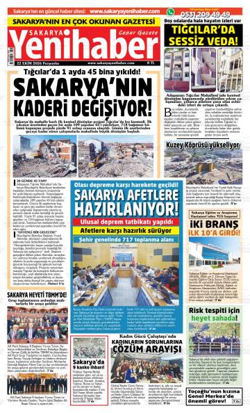 Sakarya Yenihaber gazetesi ilk sayfası
