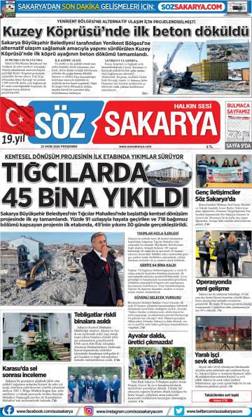 Söz Sakarya gazetesi ilk sayfası