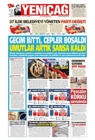 Türkiye'de Yeni Çağ gazetesi ilk sayfası