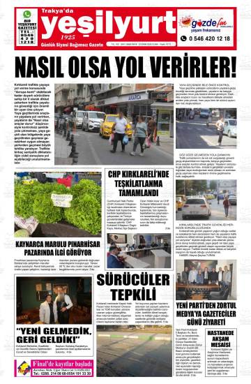 Trakya'da Yeşilyurt gazetesi ilk sayfası