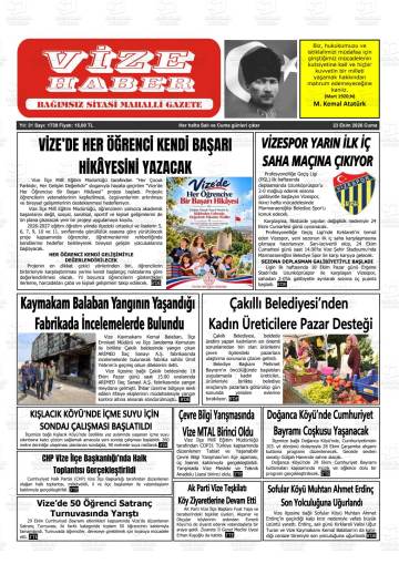 Vize Haber gazetesi ilk sayfası