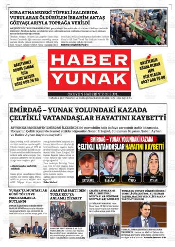 Haber Yunak gazetesi ilk sayfası