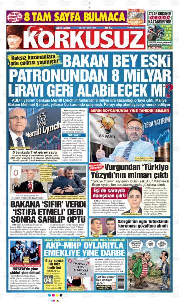 Açık Mert Korkusuz gazetesi ilk sayfası