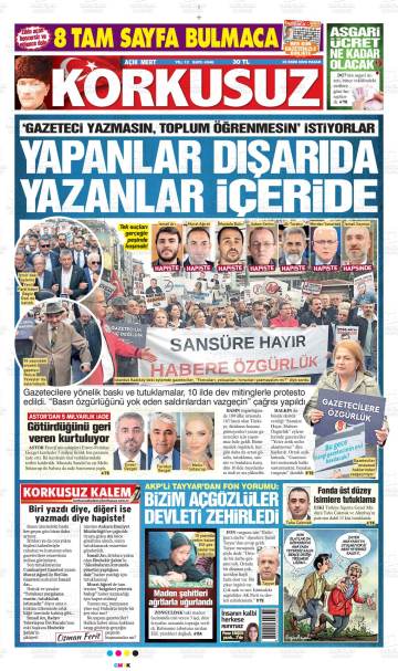 Açık Mert Korkusuz gazetesi ilk sayfası