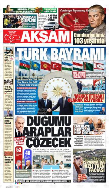 Akşam gazetesi ilk sayfası