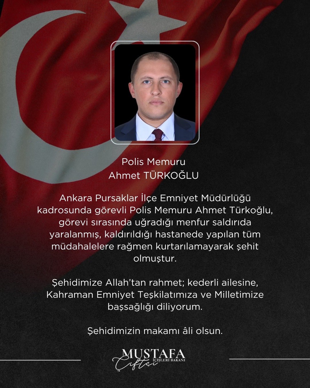 Bakan Çiftçi'den, şehit polis memuru için taziye mesajı