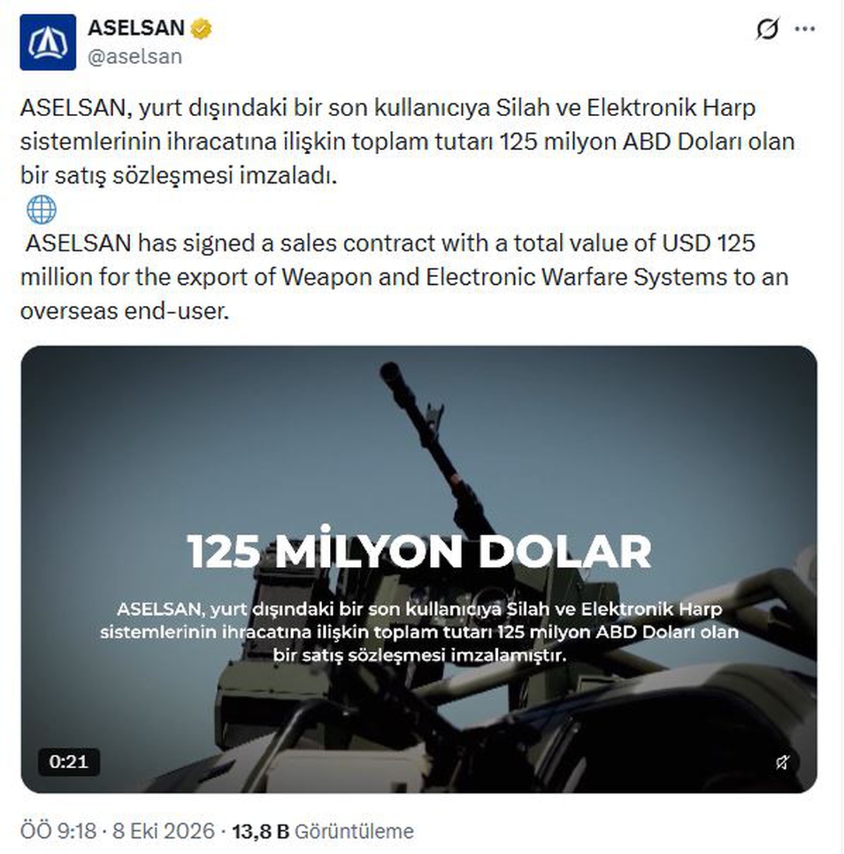ASELSAN yurt dışına 125 milyon dolarlık silah ve elektronik harp sözleşmesi imzaladı