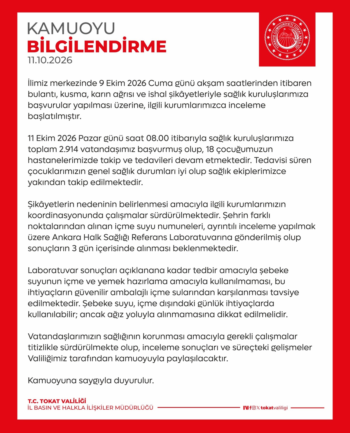 Tokat Valiliği şebeke suyu için uyardı, 2 bin 914 kişi sağlık kuruluşlarına başvurdu