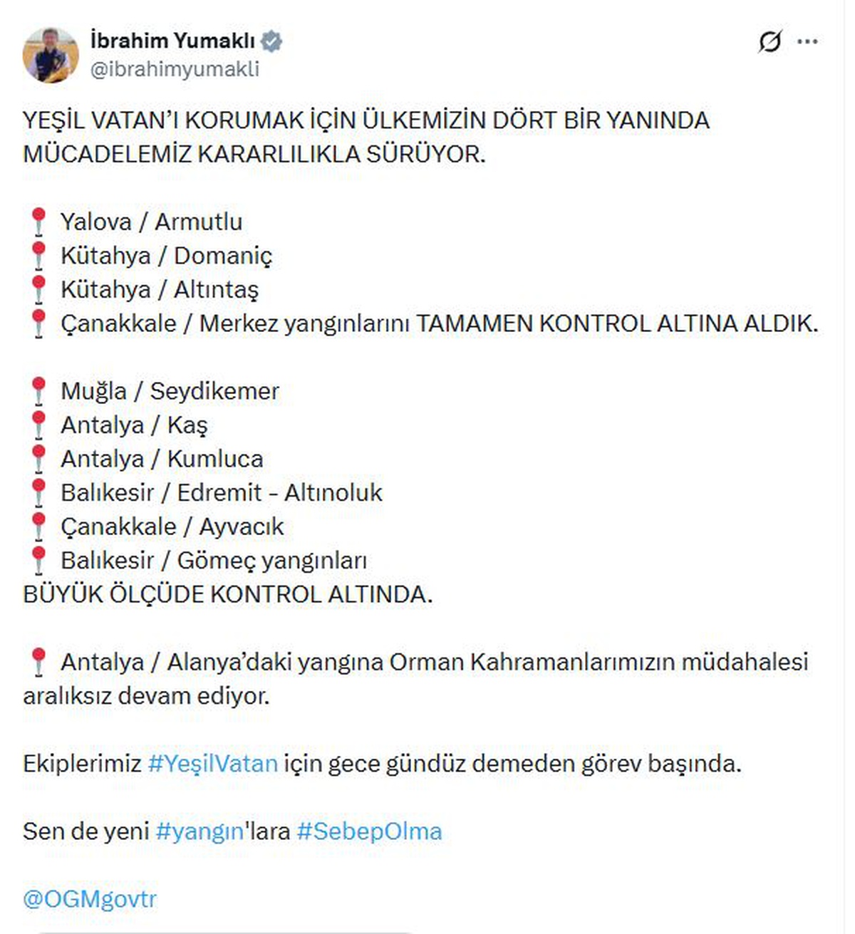 [YEREL / KAMU · Yalova · Armutlu] Yalova, Kütahya ve Çanakkale yangınları tamamen kontrol altına alındı