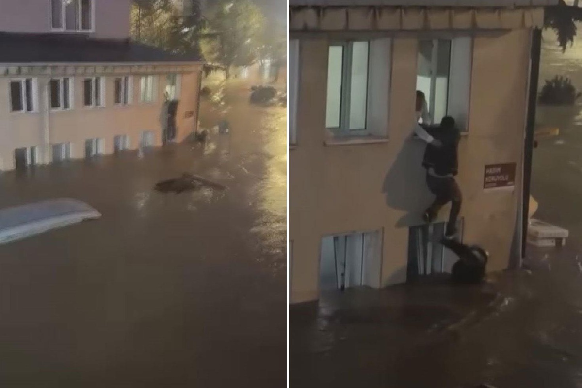 Sarıyer’de sel sularının ortasında kaldı, canını cam pencereye tırmanarak kurtardı