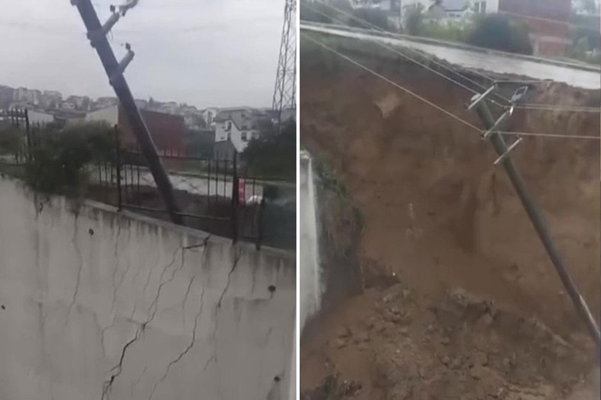 Gölcük'te sağanak sonrası istinat duvarı çöktü, elektrik direği yan yattı