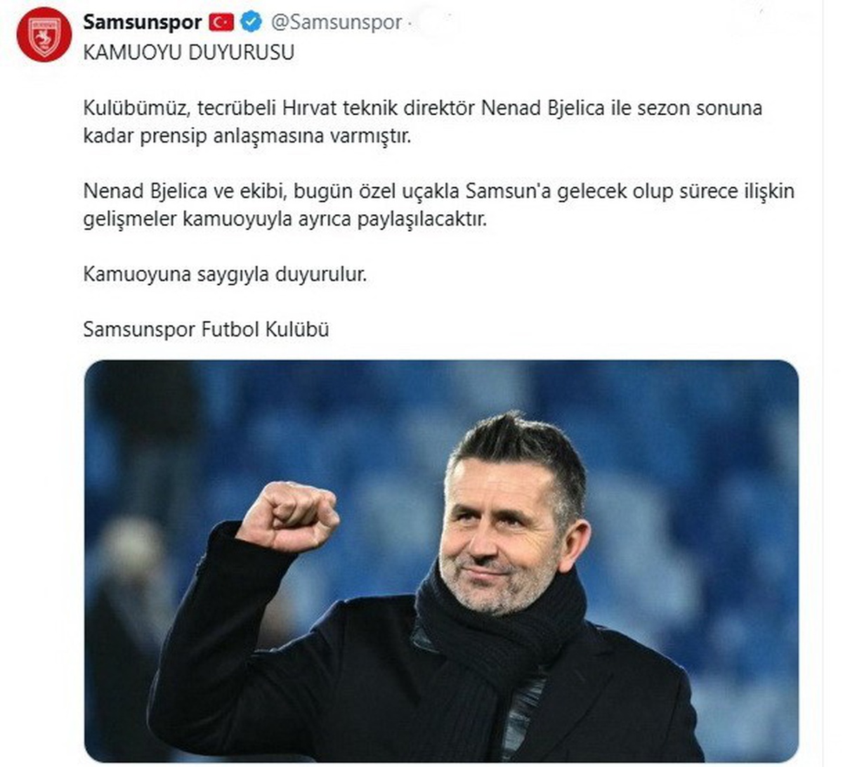 [BELEDIYE · Samsun] Samsunspor, Bjelica ile sezon sonuna kadar prensip anlaşması yaptığını açıkladı