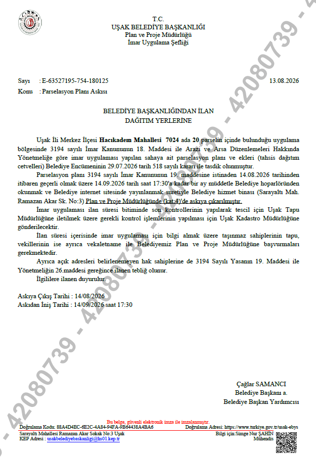 [BELEDIYE · Uşak] HACIKADEM MAHALLESİ 7024 ADA 20 PARSEL PARSELASYON ASKI İLANI | T.C. Uşak Belediye Başkanlığı