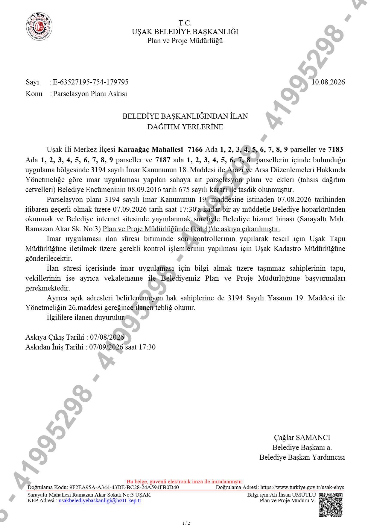 [BELEDIYE · Uşak] Karaağaç Mahallesi 7166, 7183 ve 7187 adalar 18. Madde Uygulaması Parselasyon Planı Askı İlanı | T.C. Uşak Belediye Başkanlığı