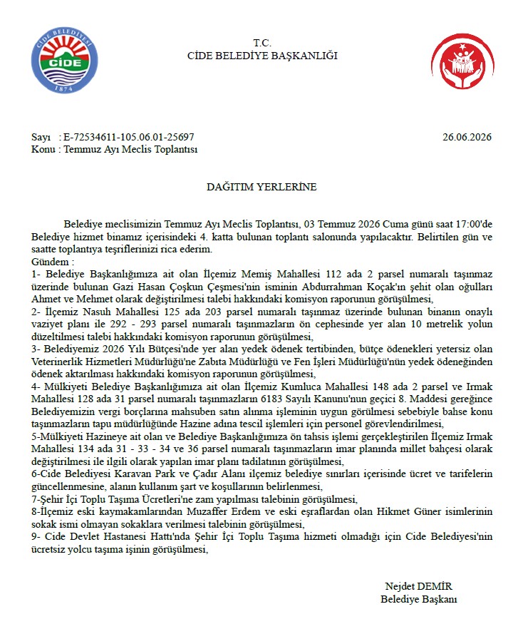 [BELEDIYE · Kastamonu · Cide] Temmuz ayı meclis toplantısı gündemi