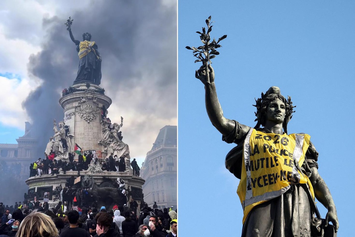 Paris’te göstericiler Cumhuriyet Meydanı'ndaki simge heykele sarı yelek giydirdiler
