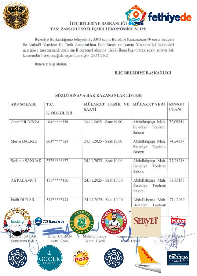 [BELEDIYE · Erzincan · İliç] İLİÇ BELEDİYE BAŞKANLIĞI TAM ZAMANLI SÖZLEŞMELİ EKONOMİST ALIMI