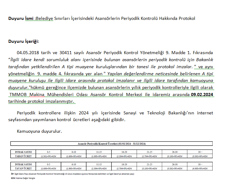 [BELEDIYE · Bilecik · Bozüyük] Beledi̇ye sinirlari i̇çeri̇si̇ndeki̇ asansörleri̇n peri̇yodi̇k kontrolü hakkinda protokol