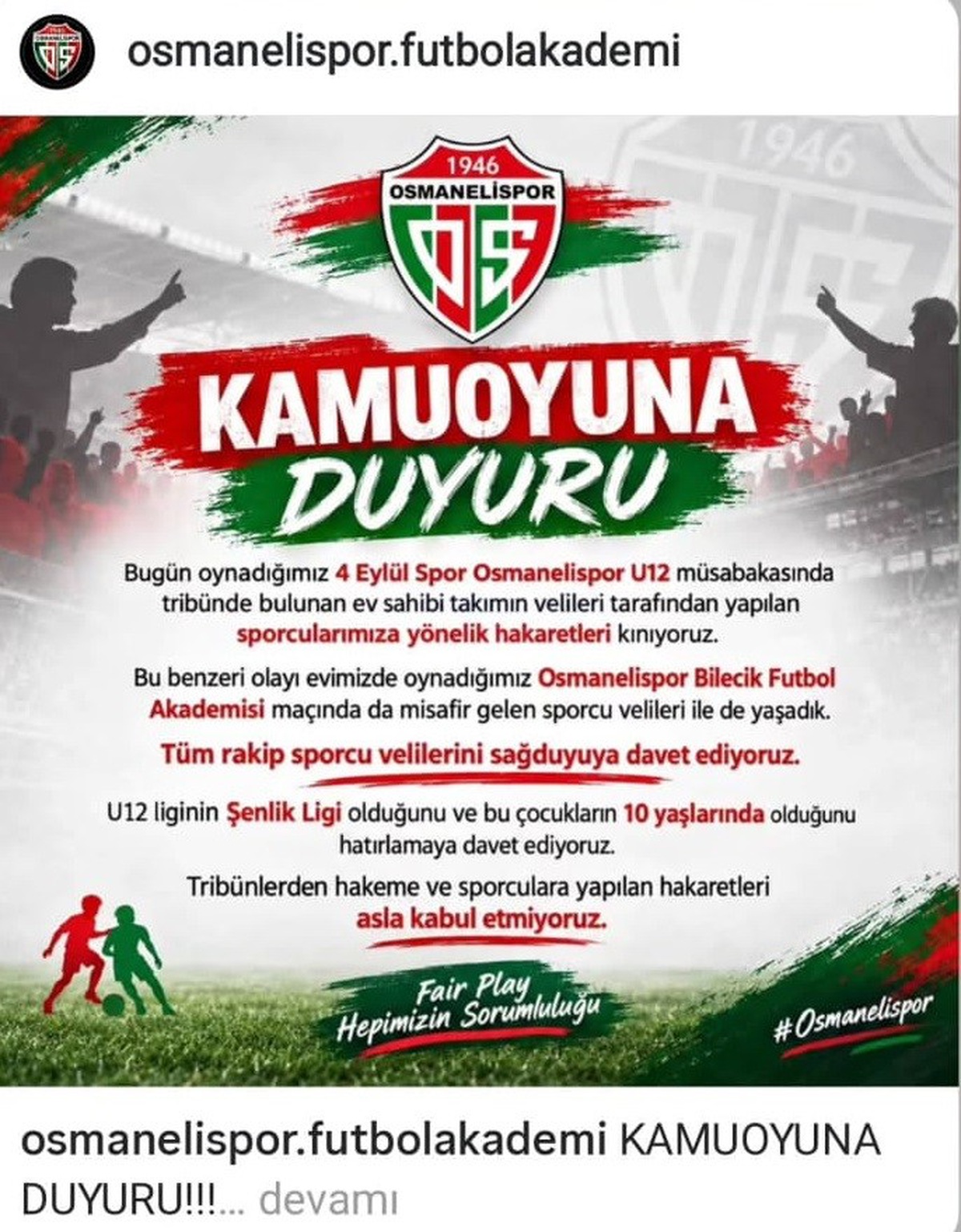 Osmanelispor, U12’de BFA ve 4 Eylülspor maçlarında sporculara hakaretleri kınadı