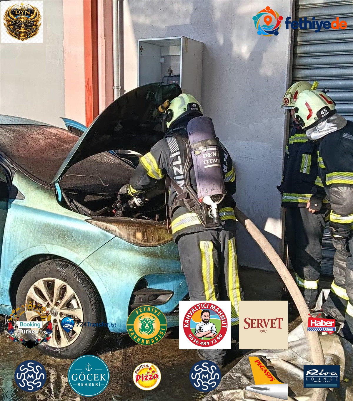 Denizli'de park halindeki elektrikli otomobilde çıkan yangın itfaiyece söndürüldü