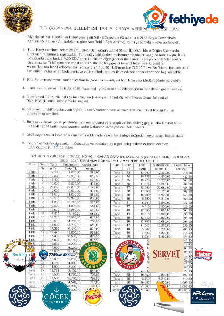 [BELEDIYE · Afyonkarahisar · Çobanlar] ÇOBANLAR BELEDİYESİ TARLA KİRAYA VERİLME İHALE DUYURUSU!