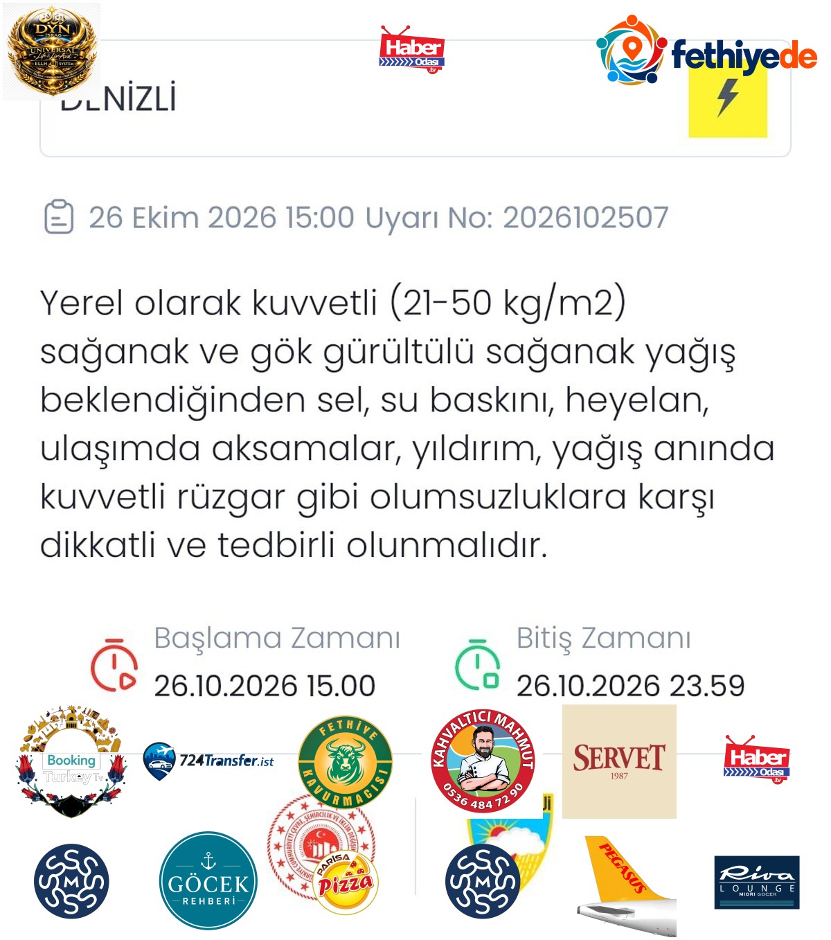 Meteoroloji Genel Müdürlüğü Denizli'de 26 Ekim'de kuvvetli sağanak konusunda uyardı