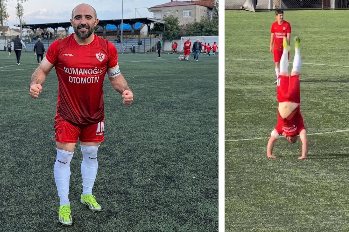 Amatör futbolcunun "11 taklalı" gol sevinci