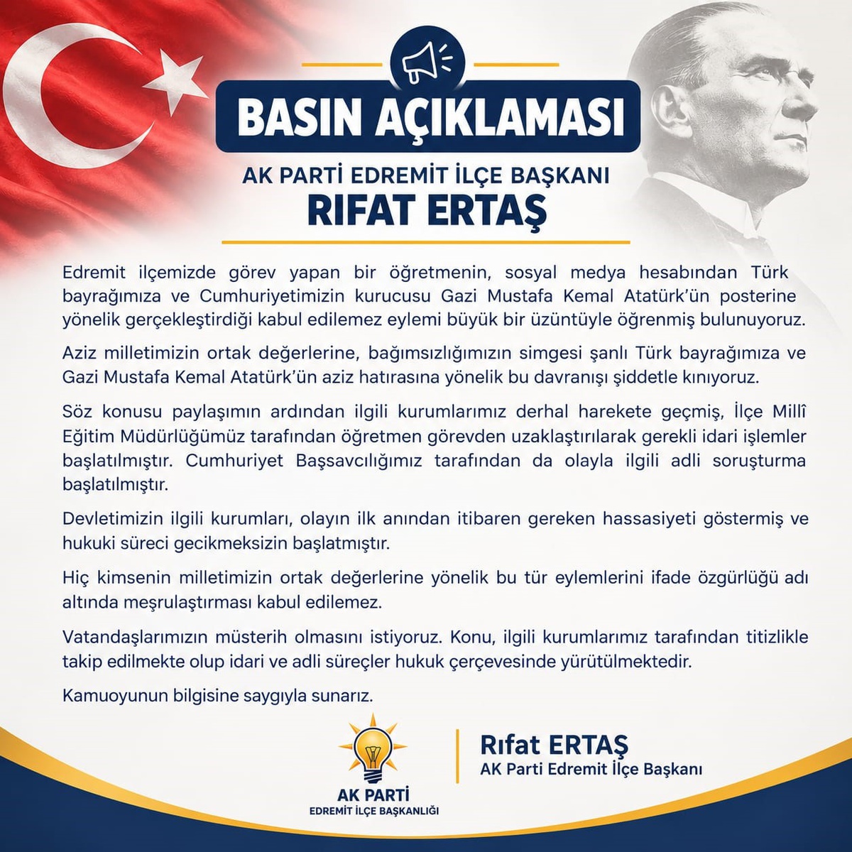 Edremit'te bayrak ve Atatürk posterine saldırıya AK Parti'den kınama geldi