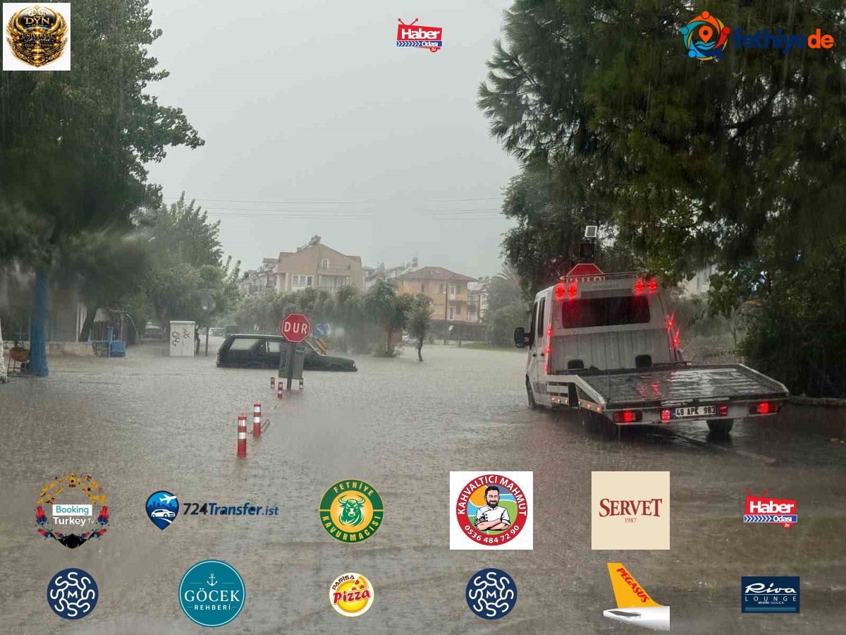Fethiye'de sağanak yolları göle çevirdi, bir otomobil su birikintisinde mahsur kaldı