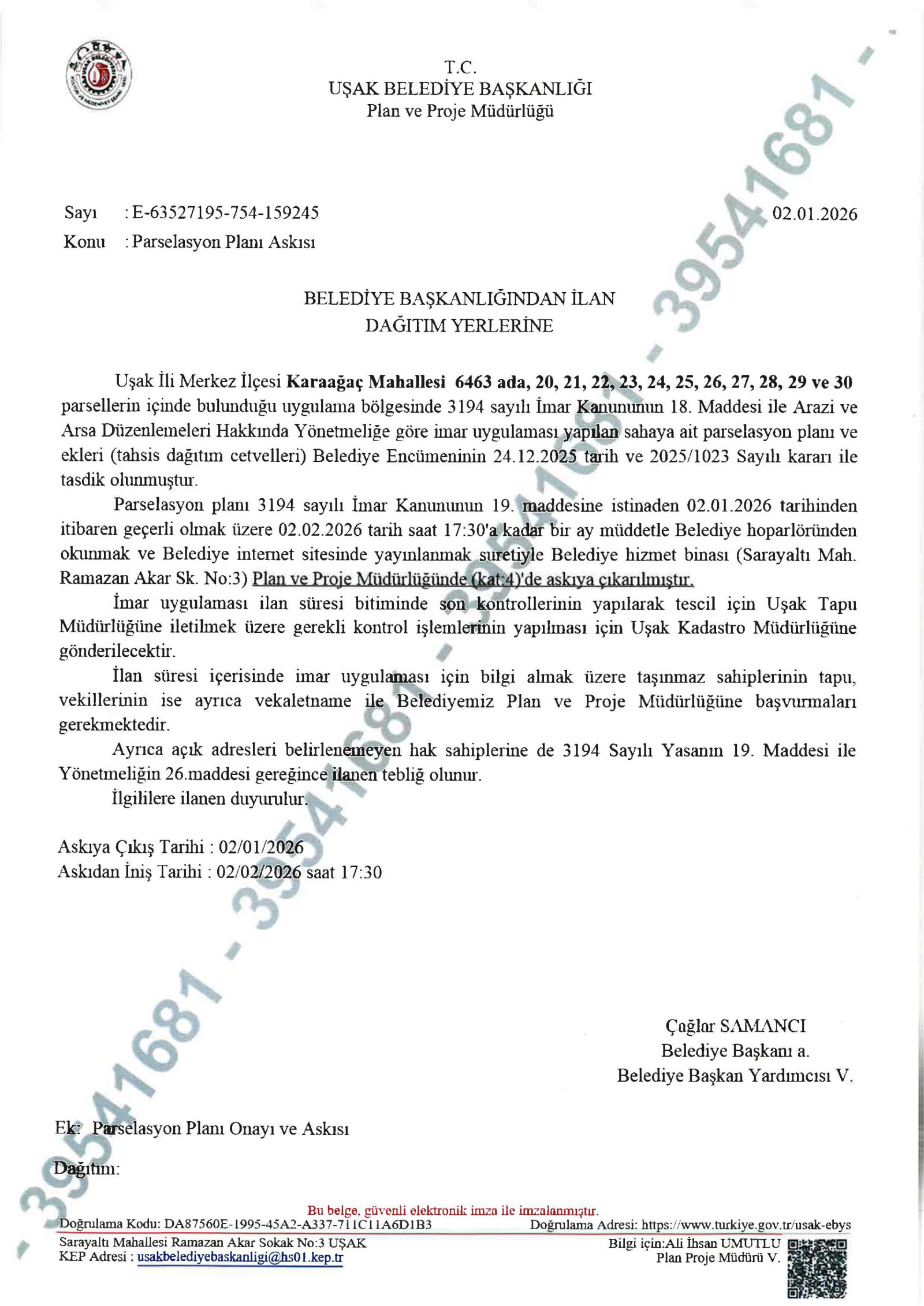 Karaağaç Mahallesi 6463 ada 18. Madde Uygulaması Parselasyon Planı Askı İlanı | T.C. Uşak Belediye Başkanlığı